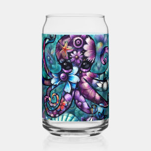 Whimsical Octopus Floral Teal Purple Blue Coastal Can Glass