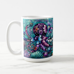 Whimsical Octopus Floral Teal Purple Blue Coastal Coffee Mug