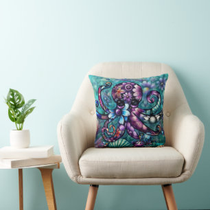 Whimsical Octopus Floral Teal Purple Blue Coastal Cushion