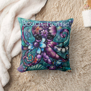 Whimsical Octopus Floral Teal Purple Blue Coastal Cushion