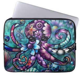 Whimsical Octopus Floral Teal Purple Blue Coastal Laptop Sleeve