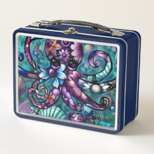 Whimsical Octopus Floral Teal Purple Blue Coastal Metal Lunch Box