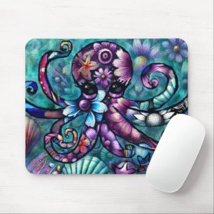 Whimsical Octopus Floral Teal Purple Blue Coastal Mouse Mat