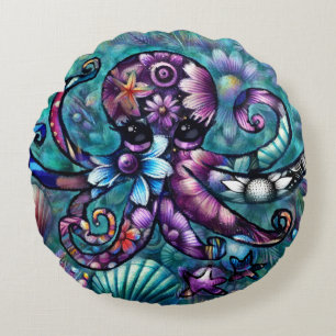 Whimsical Octopus Floral Teal Purple Blue Coastal Round Cushion