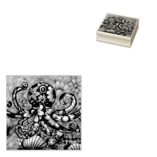 Whimsical Octopus Floral Teal Purple Blue Coastal Rubber Stamp