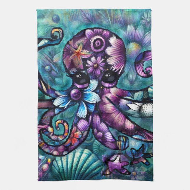Whimsical Octopus Floral Teal Purple Blue Coastal Tea Towel (Vertical)