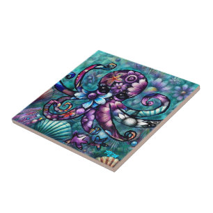 Whimsical Octopus Floral Teal Purple Blue Coastal Tile