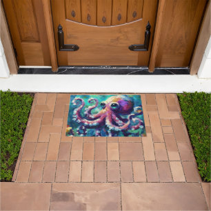 Whimsical Octopus Oil Painting Nautical Beach Doormat