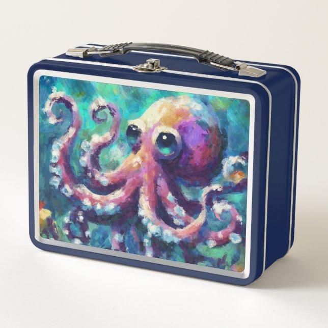 Whimsical Octopus Oil Painting Nautical Beach Metal Lunch Box (Front)