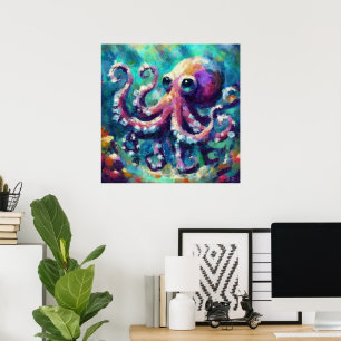 Whimsical Octopus Oil Painting Nautical Beach Poster