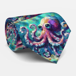 Whimsical Octopus Oil Painting Nautical Beach Tie