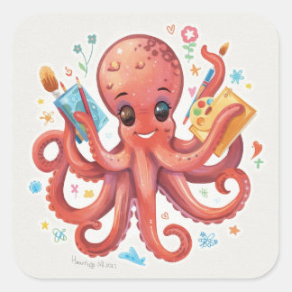 Whimsical Octopus Painting Images – Creative Art Square Sticker