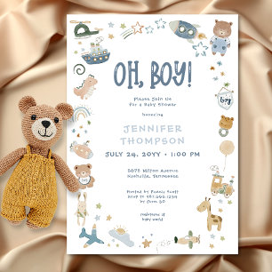 Whimsical Oh Boy Watercolor Doodle Baby Shower Invitation