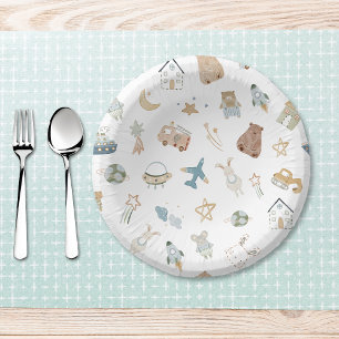 Whimsical Oh Boy Watercolor Doodle Baby Shower Paper Plate