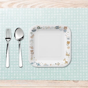 Whimsical Oh Boy Watercolor Doodle Baby Shower Paper Plate