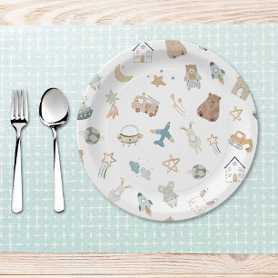 Whimsical Oh Boy Watercolor Doodle Baby Shower Paper Plate