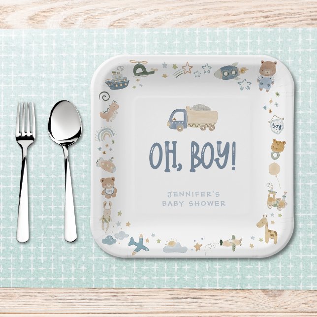 Whimsical Oh Boy Watercolor Doodle Baby Shower Paper Plate (Creator Uploaded)