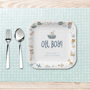 Whimsical Oh Boy Watercolor Doodle Baby Shower Paper Plate