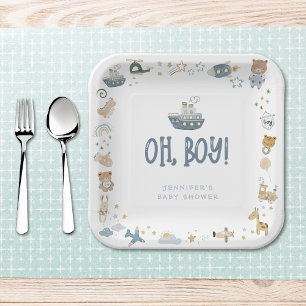 Whimsical Oh Boy Watercolor Doodle Baby Shower Paper Plate