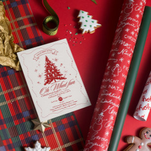 Whimsical Oh What Fun Christmas Tree Red Beige  Invitation