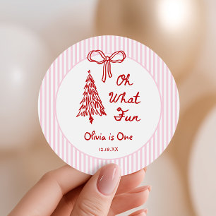 Whimsical Oh What Fun Girl 1st Birthday Party Classic Round Sticker