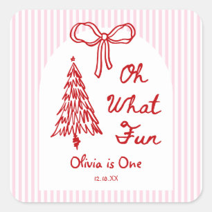 Whimsical Oh What Fun Girl 1st Birthday Party Square Sticker