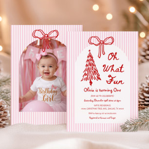 Whimsical Oh What Fun Girl 1st Birthday Photo Invitation