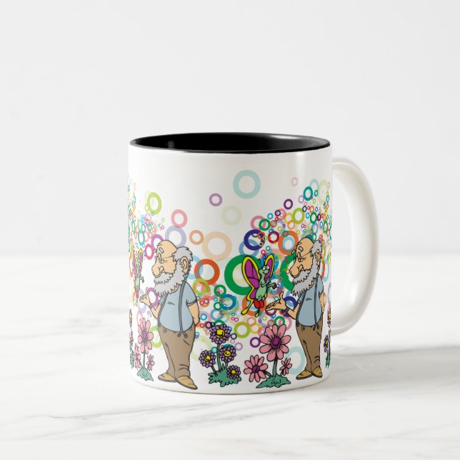 Whimsical Old Man: Butterfly Garden & Bubbles  Two-Tone Coffee Mug (Front Right)