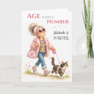 Whimsical older woman walking cat birthday card