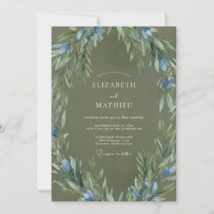 Whimsical Olive Cornflower Wreath Wedding Invitation