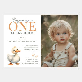 Whimsical One Lucky Duck First Birthday Photo Invitation