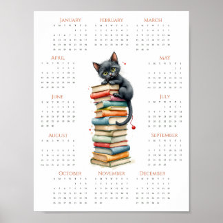 Whimsical One-Page 2026 Cat & Book Stack Calendar Poster