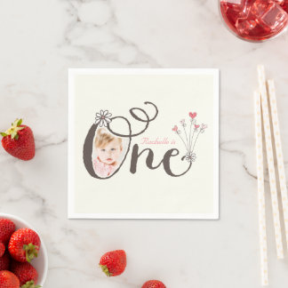 Whimsical One Pink Baby Girl 1st Birthday Photo Napkin
