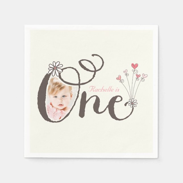 Whimsical One Pink Baby Girl 1st Birthday Photo Napkin (Front)