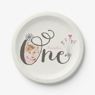 Whimsical One Pink Baby Girl 1st Birthday Photo Paper Plate
