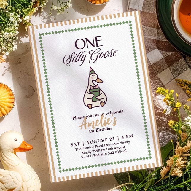 Whimsical One Silly Goose Birthday Invitation (Creator Uploaded)
