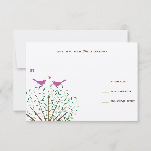 Whimsical Orange and Fuchsia Love Bird Tree RSVP Card (Front)