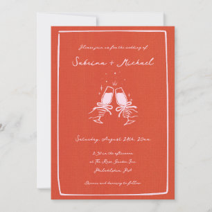 Whimsical Orange and Pink Hand Drawn Glass Wedding Invitation