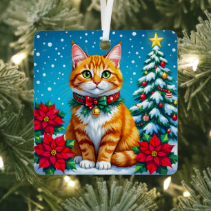 Whimsical Orange Cat and Custom Message Christmas Metal Tree Decoration