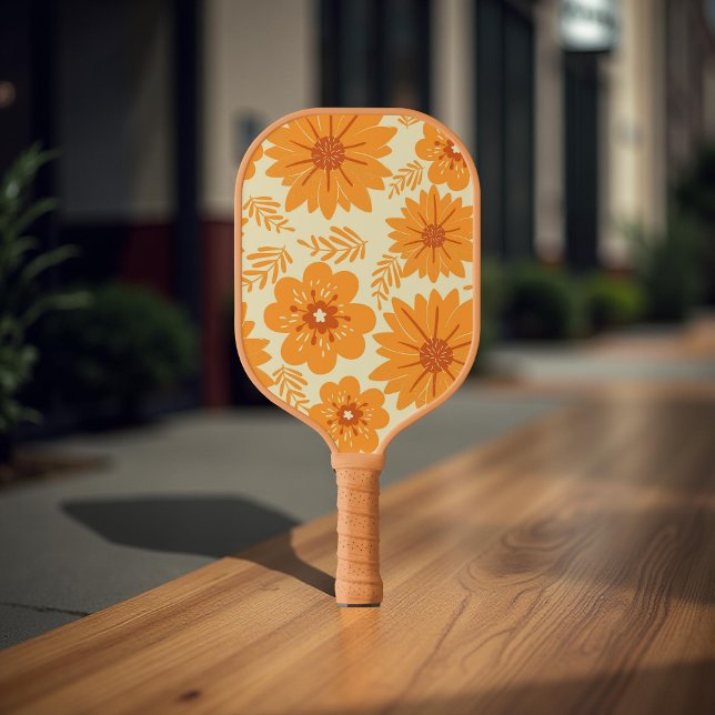 Whimsical Orange Floral 70s Boho Botanical Spring  Pickleball Paddle (Creator Uploaded)
