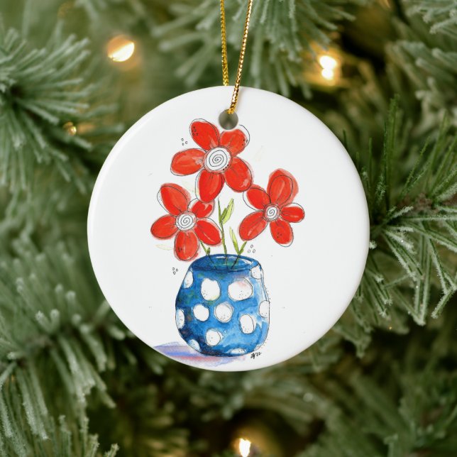 Whimsical Orange Flowers in Blue Vase Ceramic Tree Decoration (Tree)