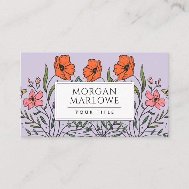 Whimsical Orange Pink Boho Floral Bouquet Lavender Business Card (Front)
