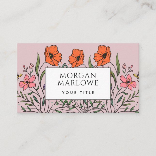 Whimsical Orange Pink Floral Bouquet Dusty Pink Business Card (Front)