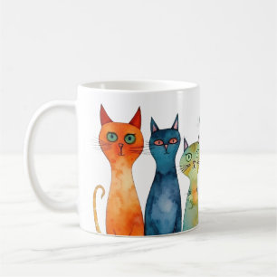 Whimsical Orange Purple Teal Watercolor Cats Coffee Mug