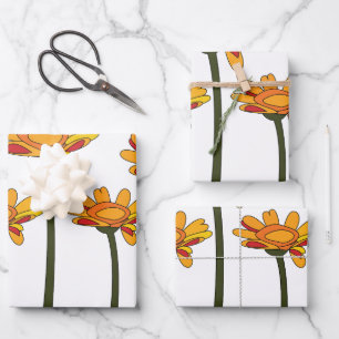 Whimsical Orange Red Flower Floral Wrapping Paper Sheet