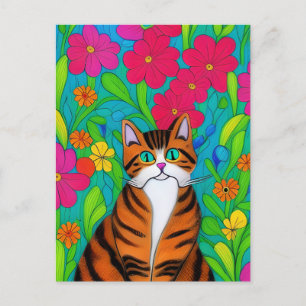 Whimsical Orange Striped Cat with Pink Flowers Postcard