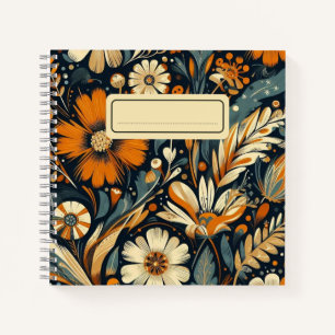 Whimsical Orange Wildflowers & Birds in Folk Art Notebook