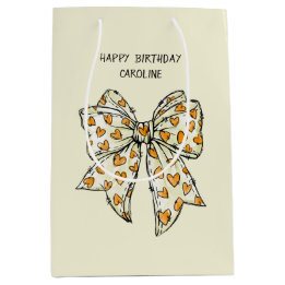 Whimsical Orange Yellow Coquette Heart Bow Medium Gift Bag