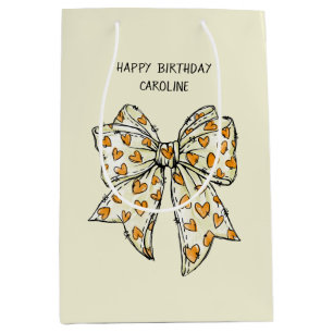 Whimsical Orange Yellow Coquette Heart Bow Medium Gift Bag