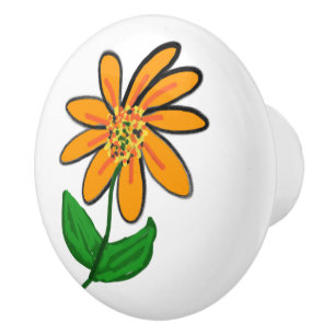 Whimsical Orange Yellow Floral Green Leaves Ceramic Knob